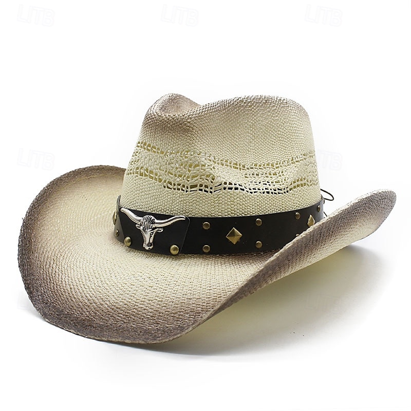 Men's Sun Hat Cowboy Hat Fedora Trilby Hat White Black / White Straw Rope Vintage Style Fashion 18th Century State of Texas Daily Theme Party Solid / Plain Color Sunscreen Cosplay 2025 - $27.99 –P6