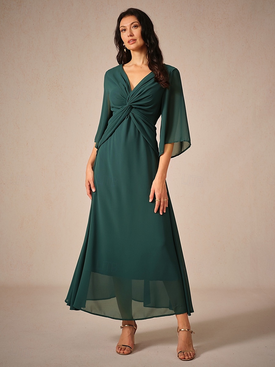 rochie de cocktail pentru invitați la nuntă pentru femei șifon uni cu volane răsucite elegantă rochie maxi de vară cu decolteu în V mânecă evazată lungime 3/4 2025 - $49.99 –P5