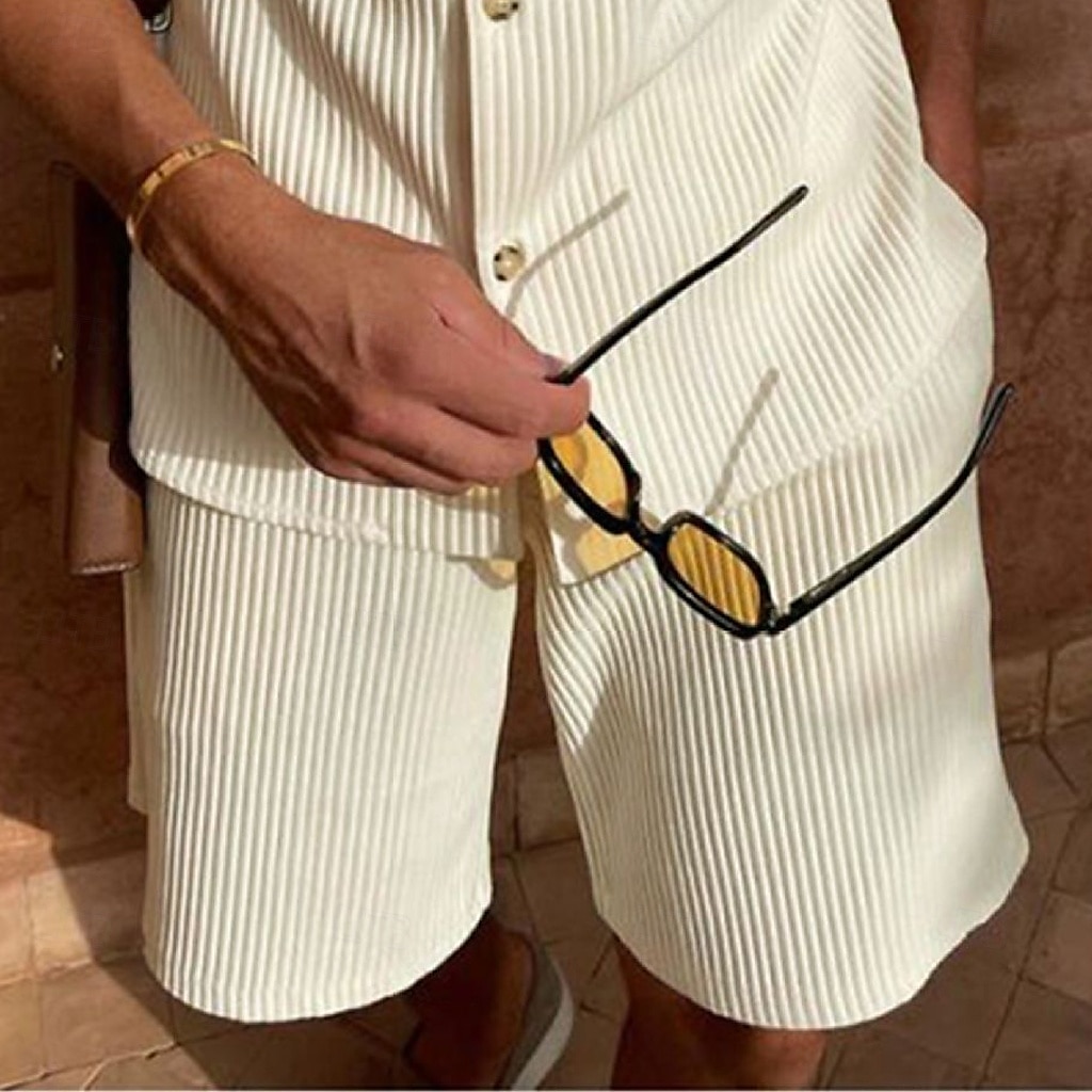 Men's 2 Piece Shirt Set Summer Set Matching Sets Casual Shirt Corduroy Shirt Plain Vacation Daily Dark Gray Black Pink Blue Short Sleeve Collar Summer Clothing Apparel 2025 - $30.99 –P3