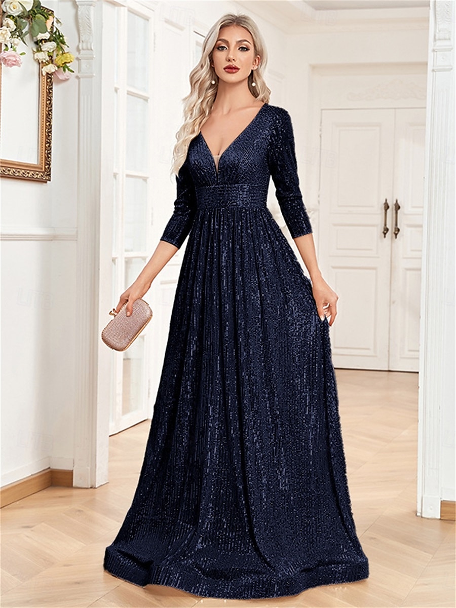 A-linjade Quinceanera Klänningar Elegant Klänning Bröllop Bröllop Gäst Golvlång 3/4 Lång Ärm V-hals Bomull med Strass 2025 - $105.99 –P12