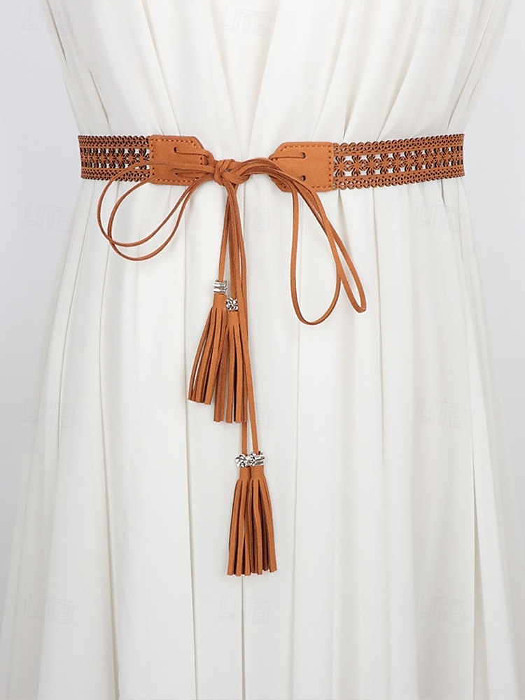 kvinnors boho-snörsbälte med tofs – vintage ihåligt midjebälte i fuskmocka, justerbart brett cinch-bälte för klänningar, festivaler och casual outfits 2025 - $11.99 –P2
