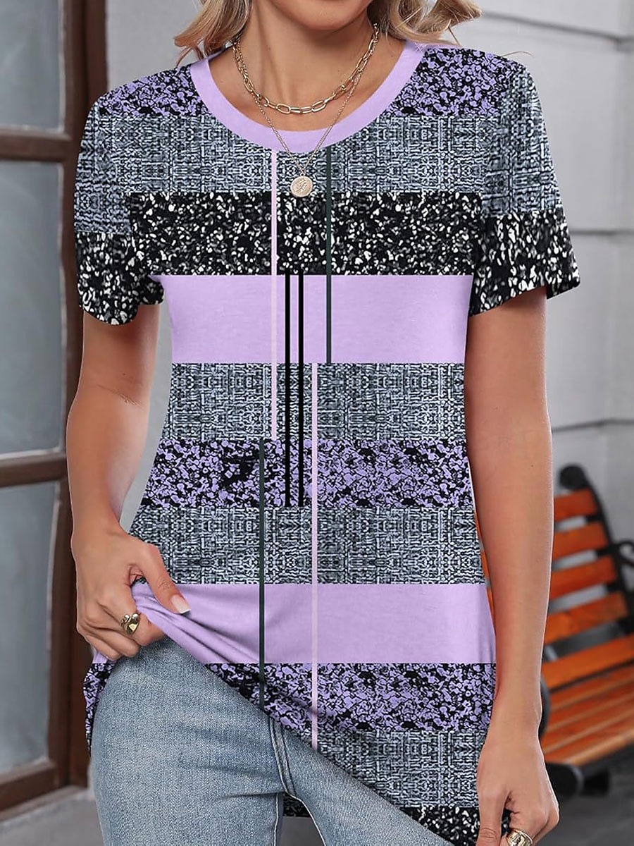 Damen T Shirt Grafik Geometrisch Farbblock Lässig Kurzarm Rundhals Normale Oberteile Täglich Druck Purpur Sommer 2025 - $19.99 –P3