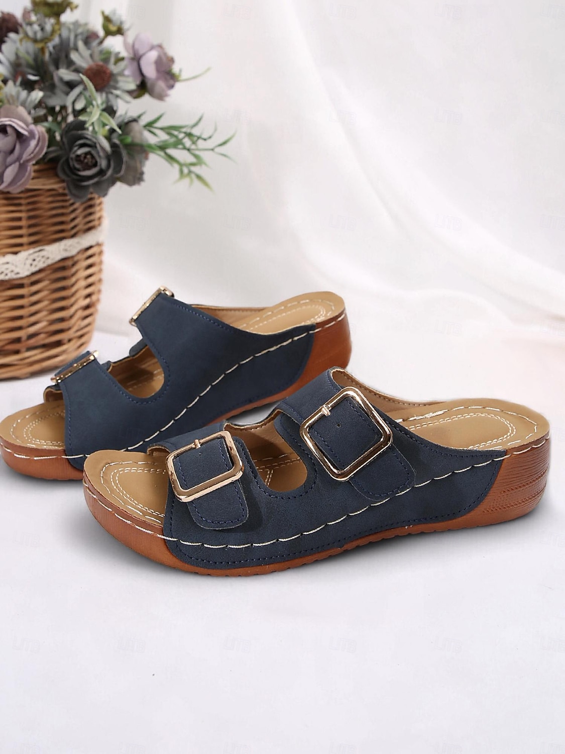 Women's Dark Blue Double Buckle Slip-On Sandals with Cushioned Sole, Casual Summer Shoes for Beach and Everyday Wear 2025 - $26.99 –P2