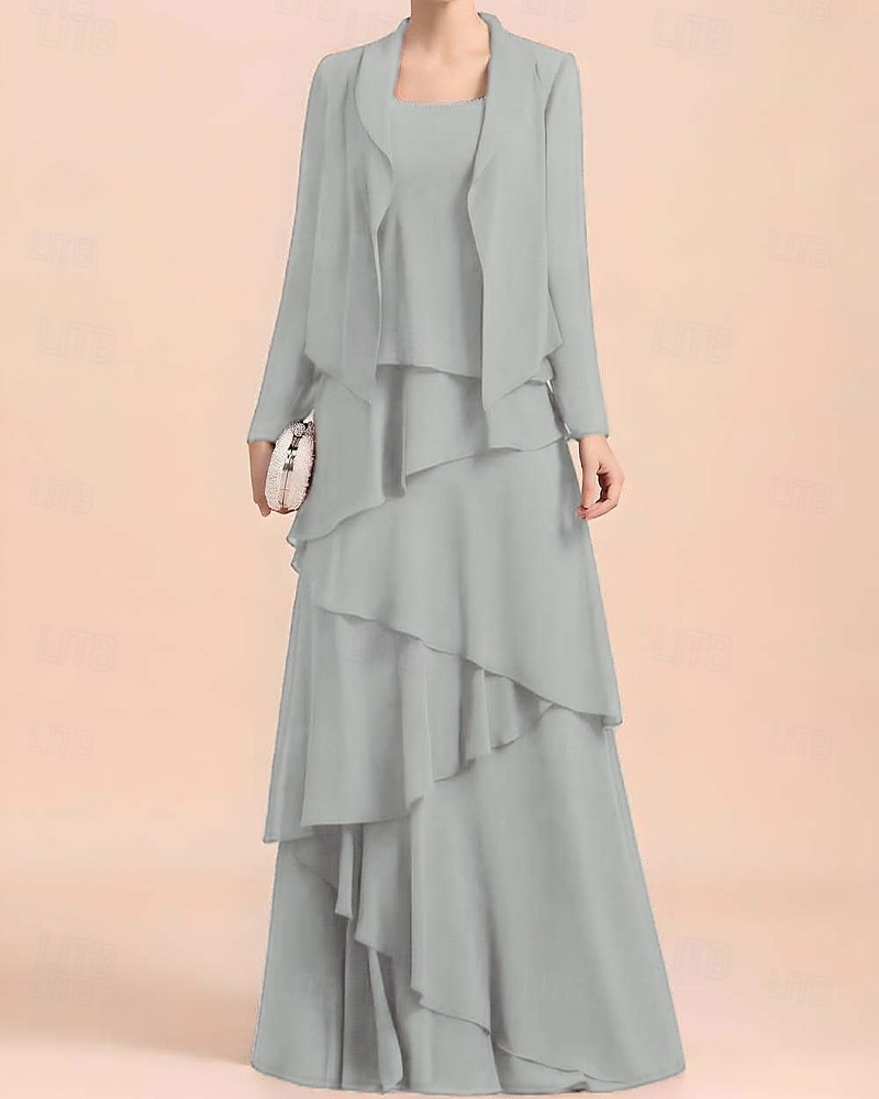 Abito A-Line 3 Pezzi per la madre della sposa Abito formale Elegante Vintage Semplice Girocollo Lunghezza fino al pavimento Chiffon Senza maniche Giacca con perline del 2025 a $185.99 –P4