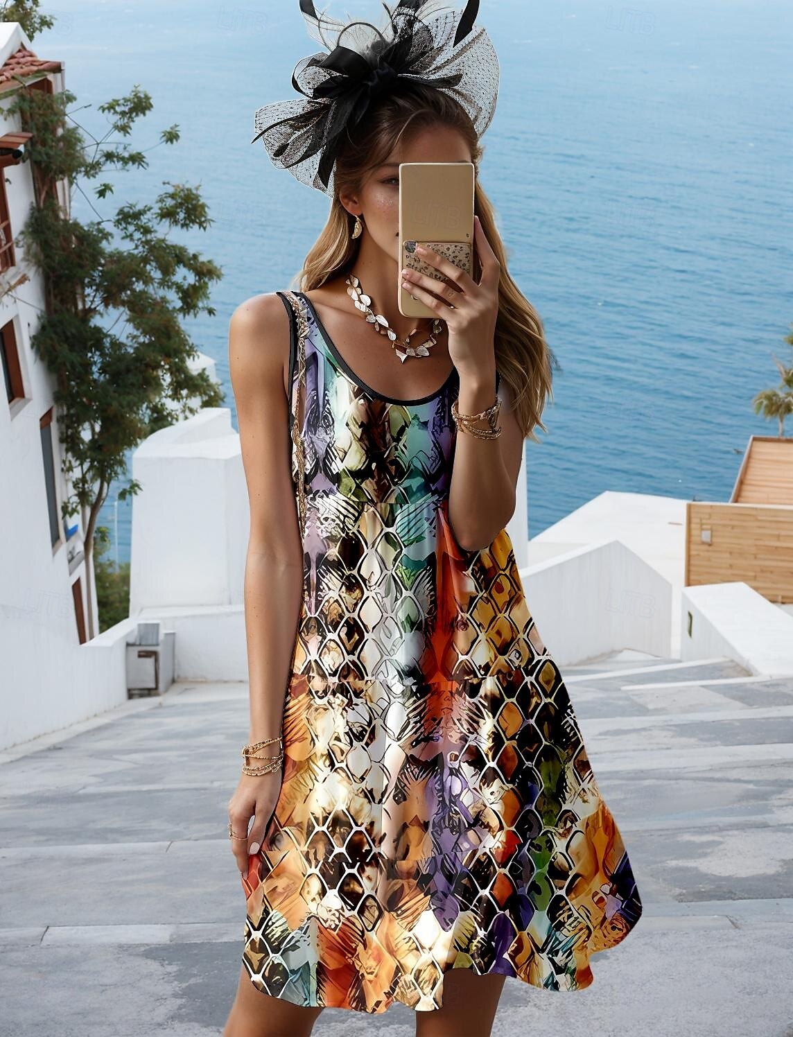 Robe Mini Femme Robe Décontractée Robe d'Été Boho Vacances Décontractée Vacances Quotidienne Fête Ajustement Régulier Graphique Géométrique Boho Sans Manches Col Ronde Arc-en-ciel Été de 2025 ? $26.99 –P1