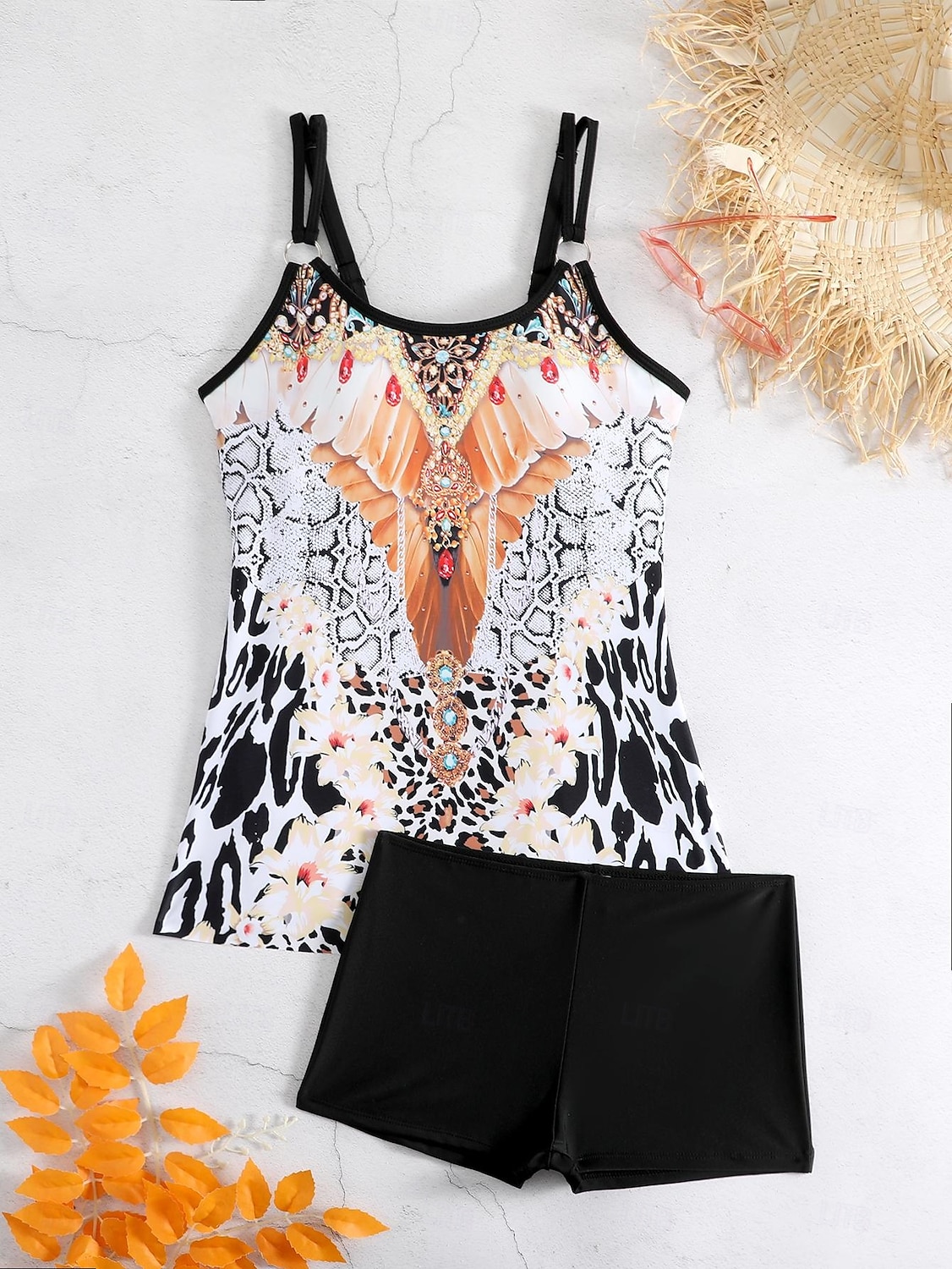 Dam Plusstorlekar Badkläder Tankini 2 st Längre baddräkt Pojkeben Baddräkt Hög midja Stickat Stylish Sportig Paisley Genomskinlig Rund hals Ärmlös Baddräkter 2025 - $24.99 –P15
