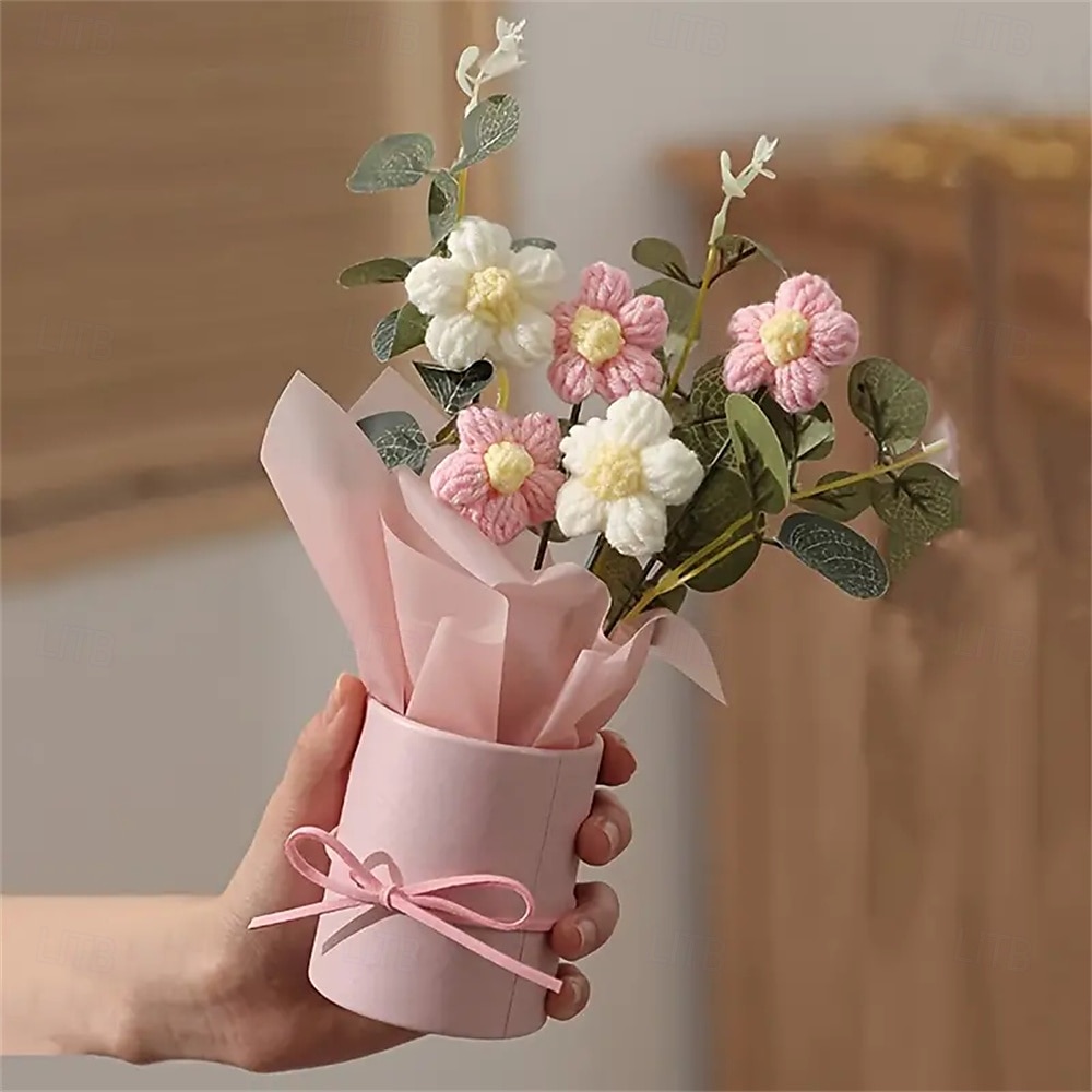Buchet de flori artificiale din fire țesute manual - 1 set inclusiv flori țesute din țesătură hârtie de împachetat găleată din plastic 5 flori croșetate din fire - potrivite pentru cadouri pentru 2025 - $11.49 –P7