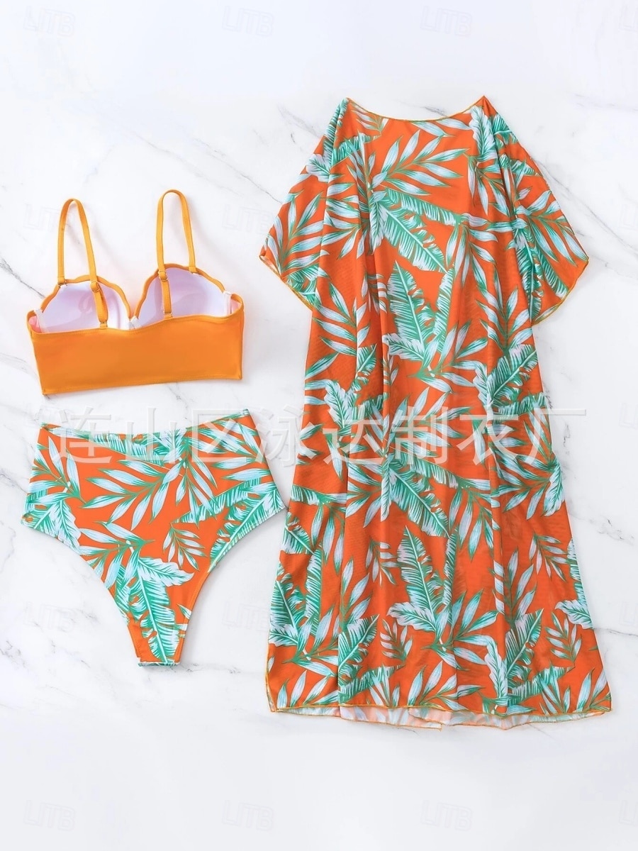 Kvinnors Baddräkter Bikini Tre Delad Troser Baddräkt Rygglös Mage Kontroll Hög Midja Slim Semester Strandkläder Löv V Nack Långärmad Baddräkter 2025 - $31.99 –P3