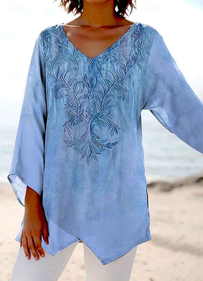 Women's Blouse Floral Graphic Stylish Ethnic Beach Short Sleeve V Neck Regular Tops Daily Holiday Print Pink Blue Purple Green Summer Spring 2025 - $25.99 –P5