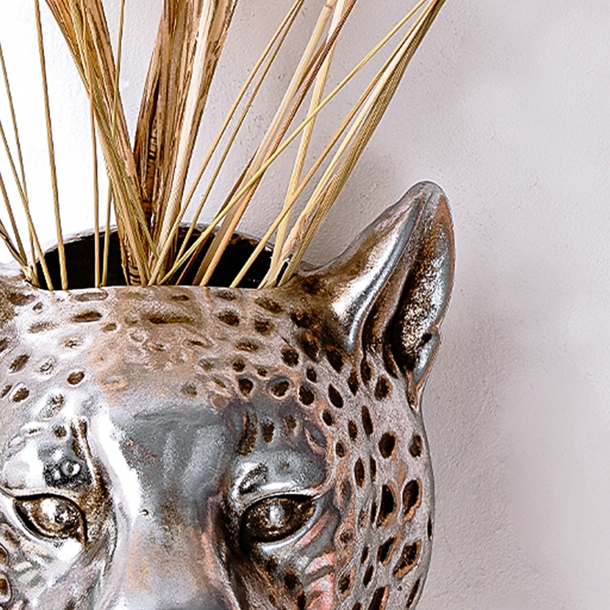 dekoracja ścienna w stylu vintage z głową lamparta w kolorze złotym i srebrnym, powierzchnia z folii w kolorze złotym i srebrnym, wiszący na ścianie wazon na kwiaty i schowek, kreatywna, słodka sztuka 2026 - $16.49 –P10