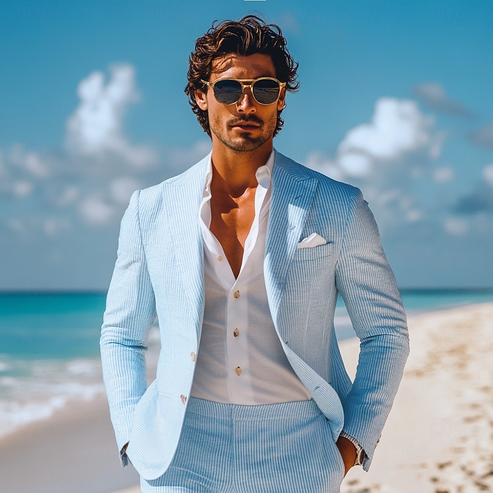 Uomo Completi Abiti in seersucker Matrimonio in Spiaggia Casuale Azzurro cielo Verde salvia Primavera, Autunno, Inverno, Estate Tuta Leggero Tinta unita Vestibilità standard 2 pezzi Monopetto Due del 2026 a $115.99 –P1