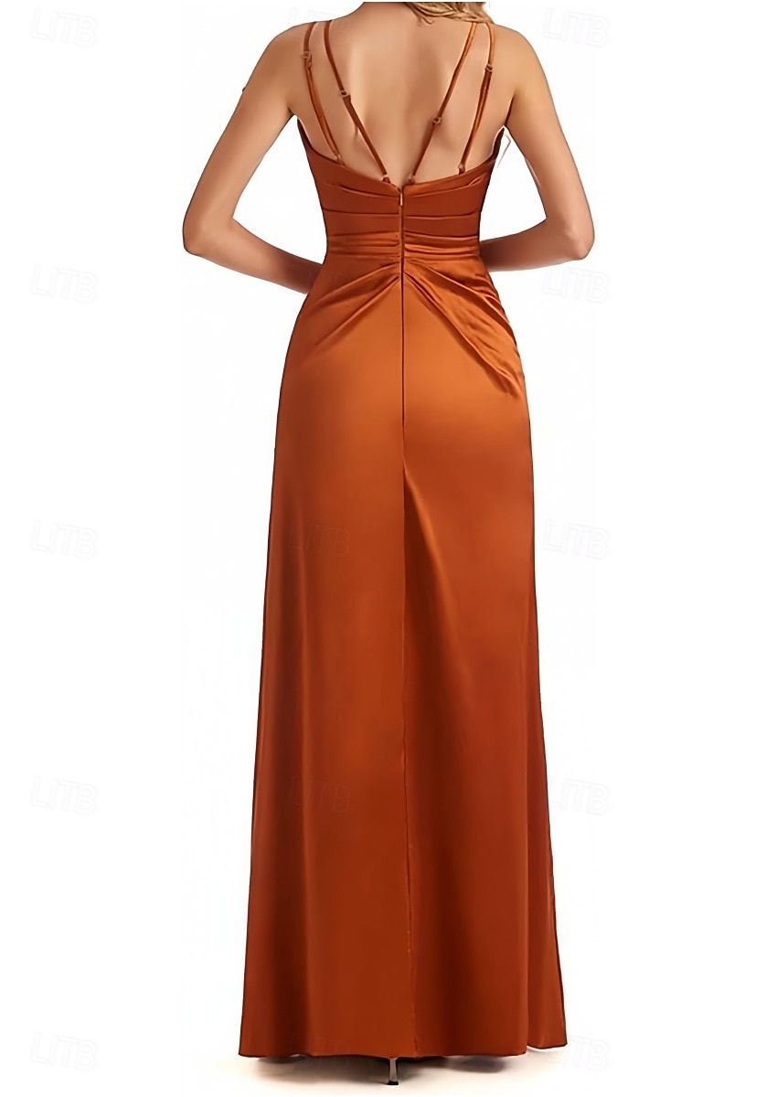 A-Line Bridesmaid Dress V Neck / Spaghetti Strap Sleeveless Elegant Floor Length Satin with Split Front / Ruching 2025 - $141.99 –P2