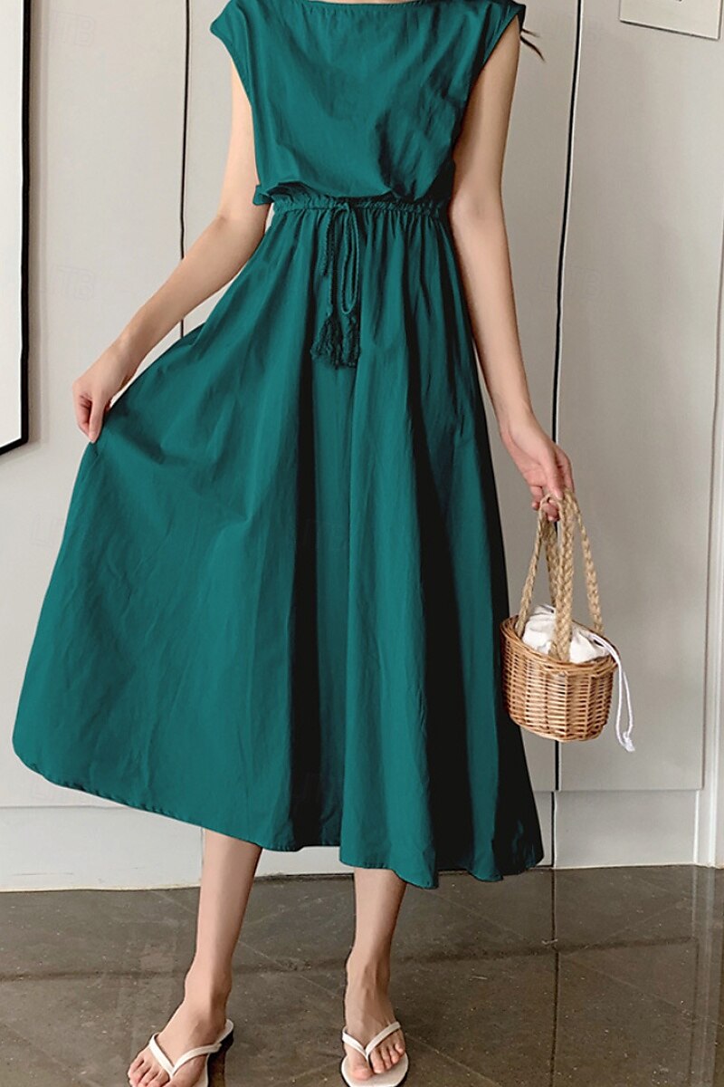 Per donna Abito Midi Abiti in cotone e lino Moda Classico Moderno All'aperto Quotidiano Ferie Vestibilità regolare Semplice Senza Maniche Girocollo Nero Verde chiaro Verde militare Blu marino Estate del 2025 a $26.99 –P12