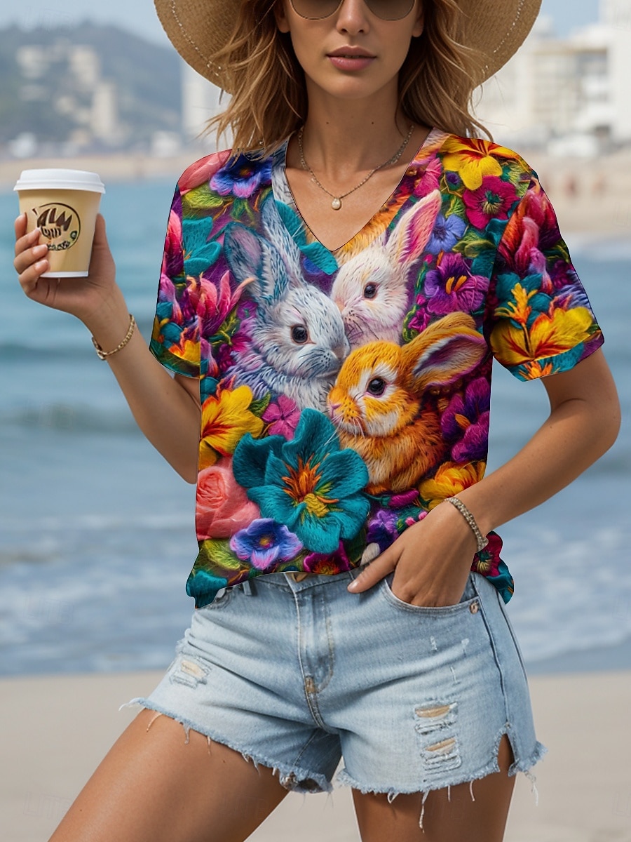 2025年 イースター 女性用 ブラウス フラワー グラフィック 動物 カジュアル 半袖 Vネック レギュラートップス 日常 プリント レインボー 夏 春 コレクション – $19.99 –P5