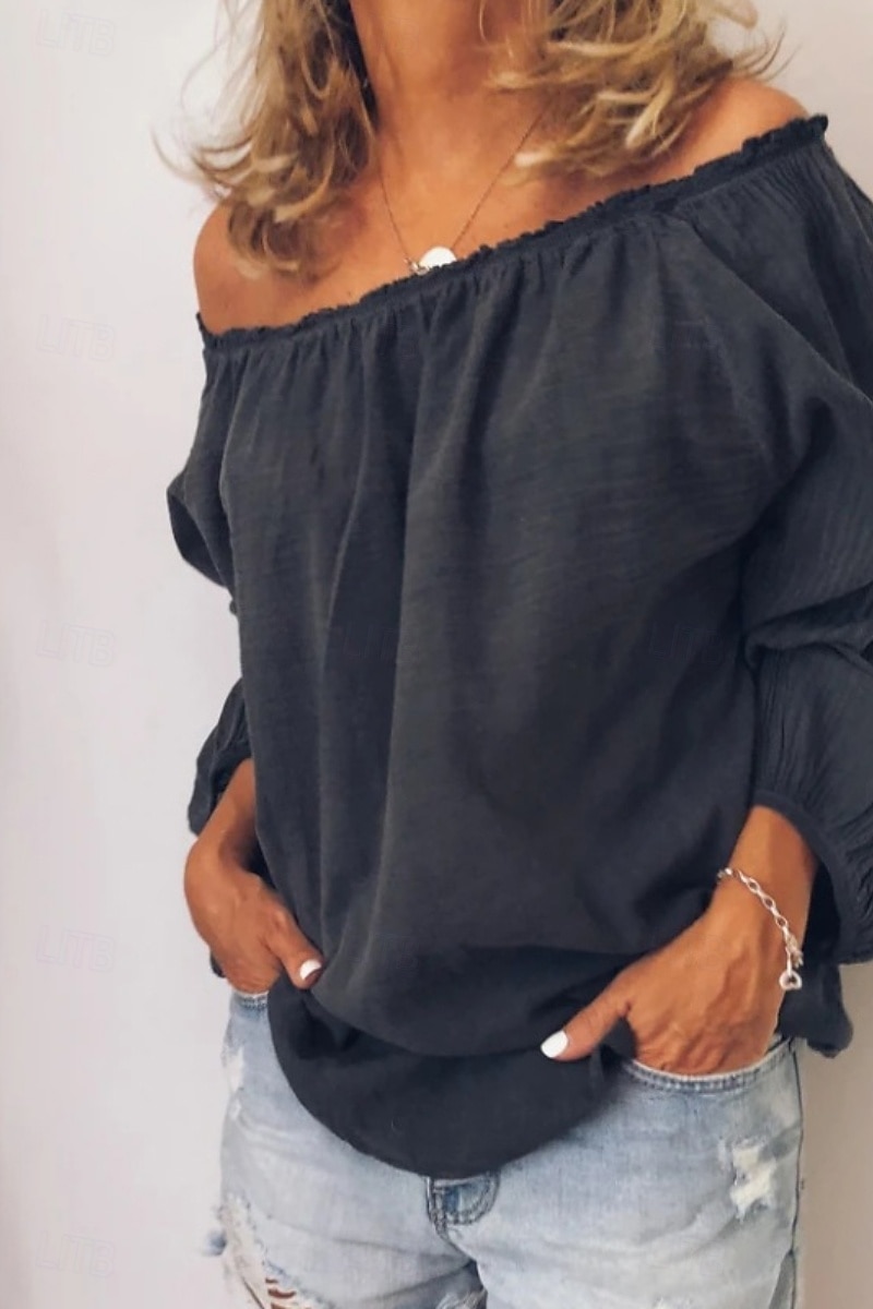 Dames Overhemd Linnen overhemd Katoenen linnen overhemden Effen Dagelijks Stijlvol Basic Lange mouw Schouderafhangend Normale tops Dagelijks Uitgaan Met ruches Zwart Wit blauw Lente 2025 - $20.99 –P3