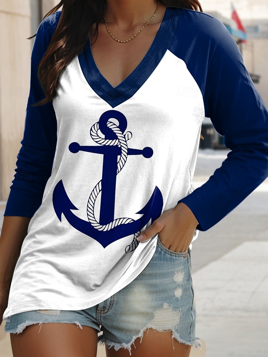 Mulheres Camiseta Gráfico Âncora Casual Estilo Praia Manga Longa Decote V Tops regulares Diário Final de semana Imprimir Azul Primavera Outono de 2025 por $22.99 –P1