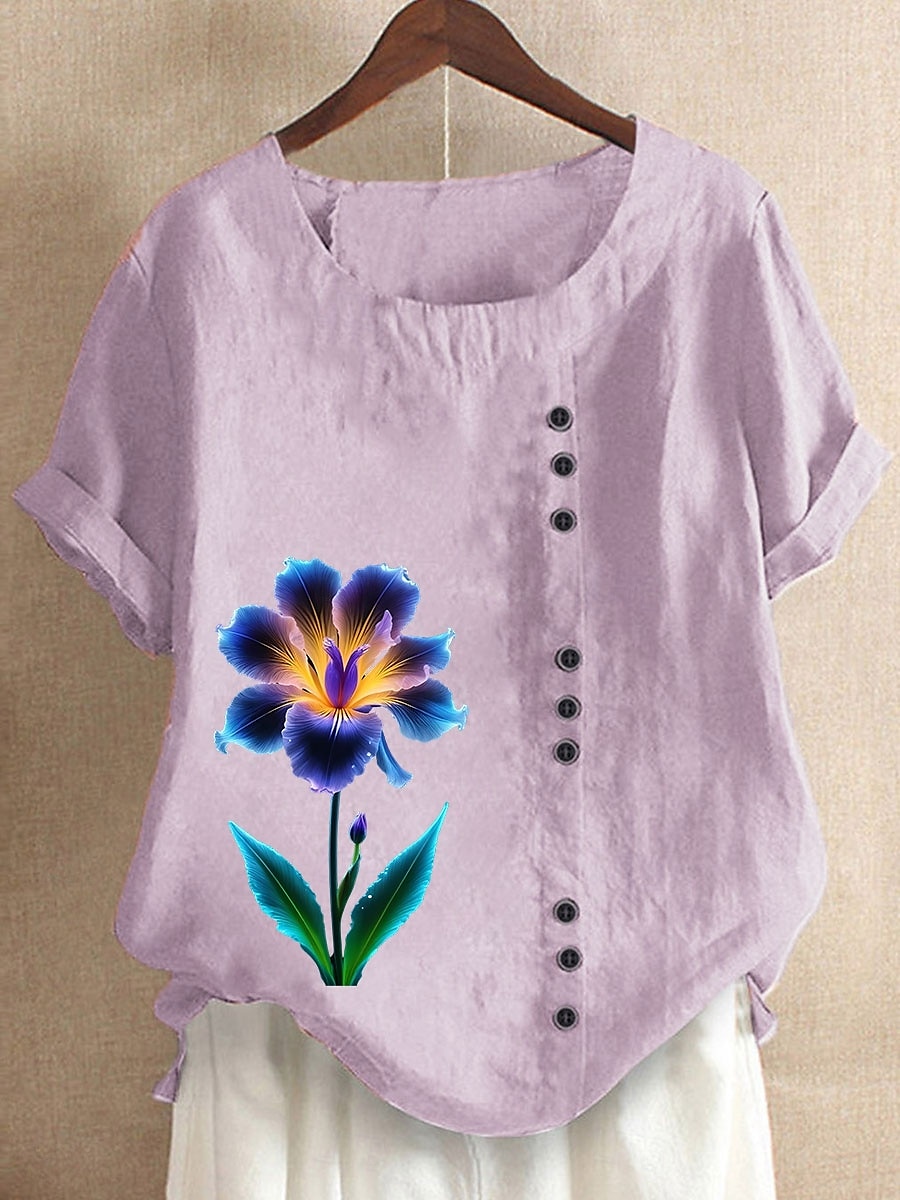 Women's 100% Cotton Blouse Vintage Casual Crew Neck Daily Going out Buttons Print Maroon Grass Green White Purple 2025 - $22.99 –P2