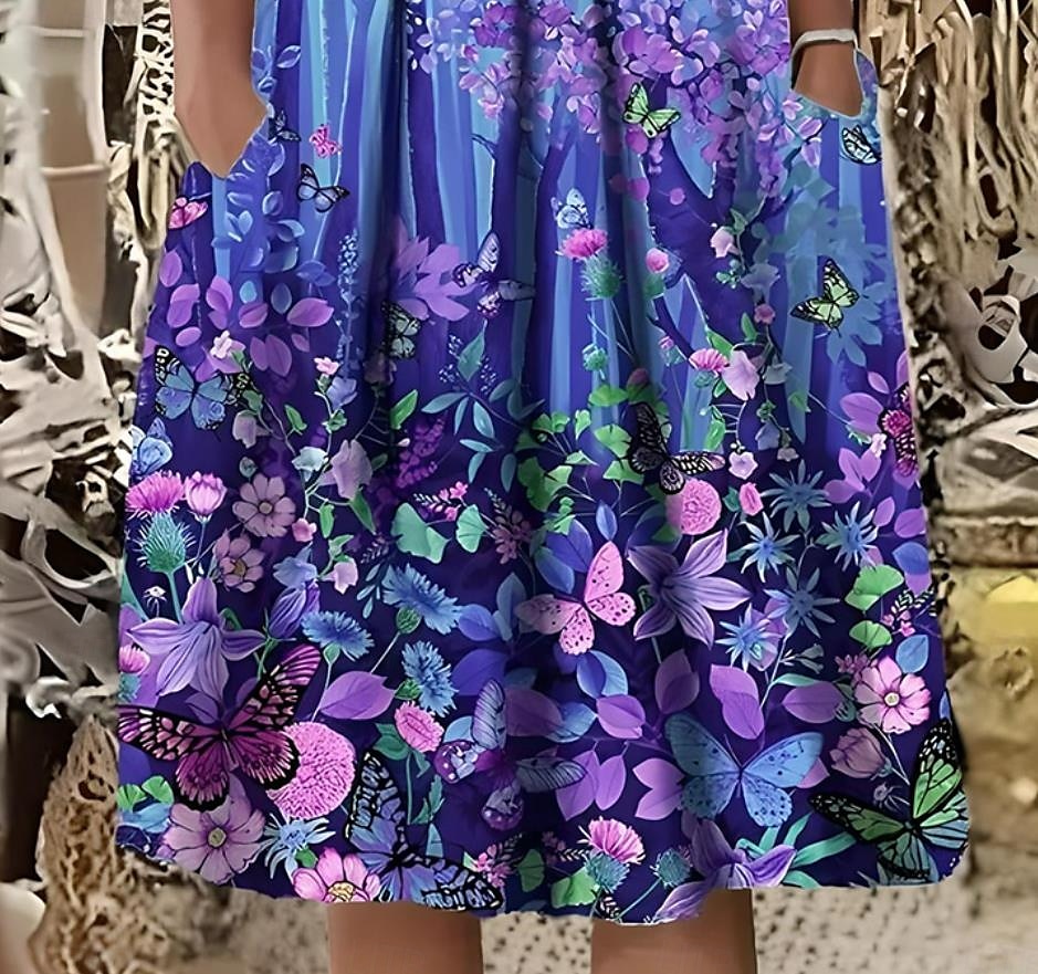 Abito Mini Femminile Abito Casual Abito Estivo Elegante Vacanza Vintage Vacanza Quotidiana Fit Largo Floral Grafica Maniche Corte Collo a Girocollo Blu Estate del 2025 a $30.99 –P3