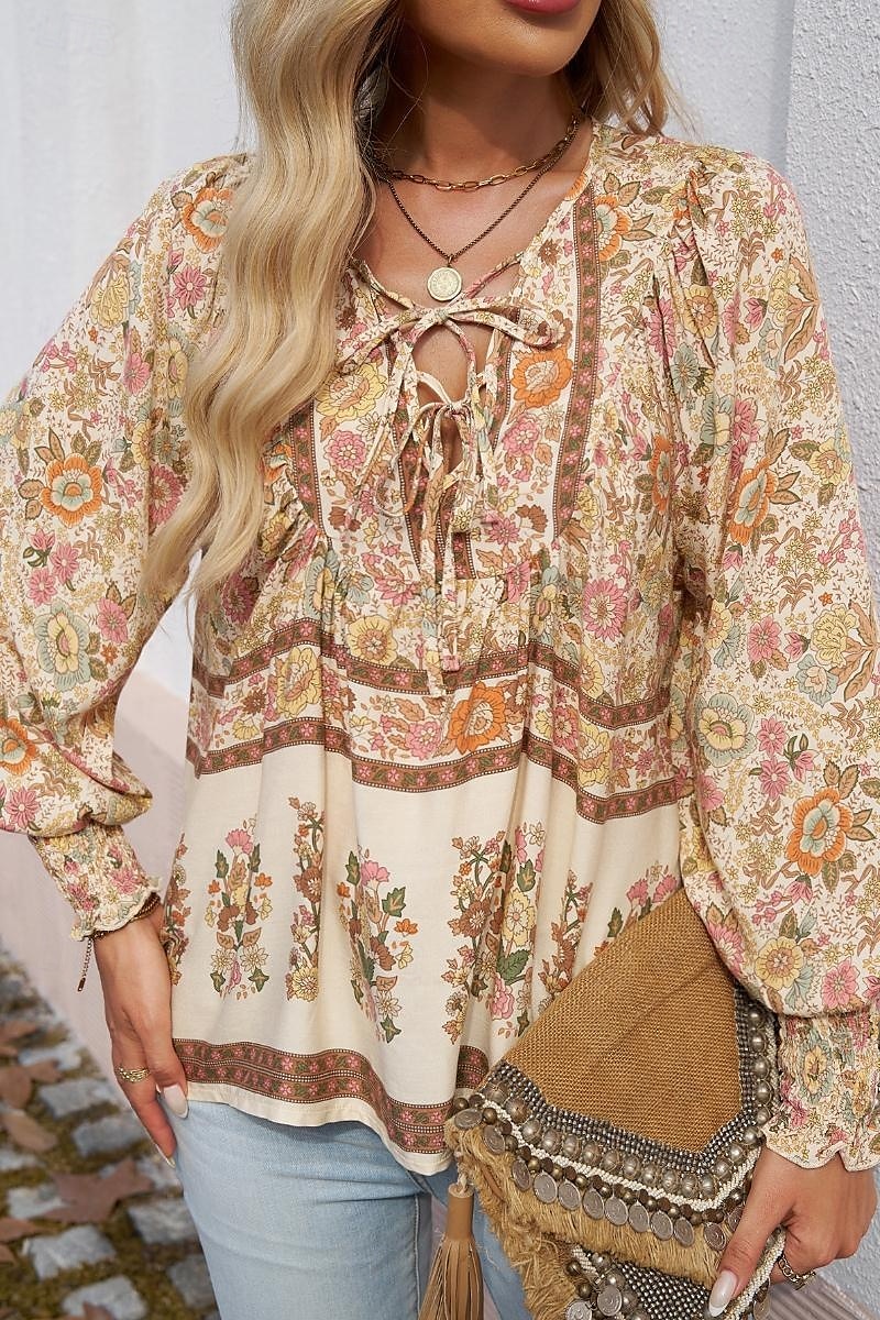 Dame Skjorte Bluse Blomsternål i krystall Daglig Stilfull Fritid Langermet V-hals Vanlige topper Daglig Ferie Trykt mønster Rosa Navyblå Blå Aprikos Vår 2025 - $29.99 –P19