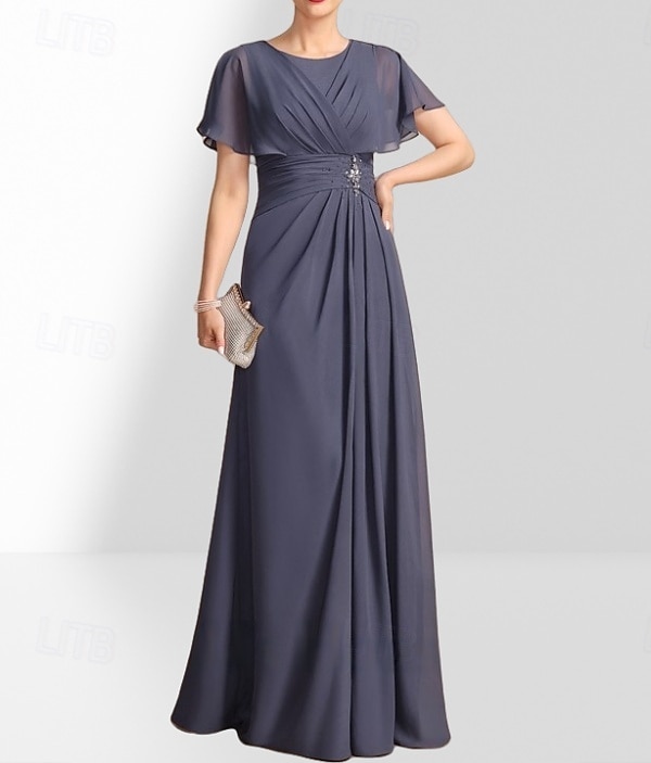 A-linje Mor til bruden Kjole Bryllupsgjester Elegant Crew Hals Gulvlengde Chiffon Korte Ermer med Pynt Rynking 2025 - $180.99 –P3