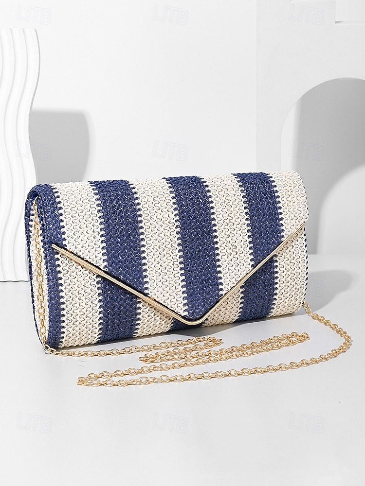 dames gestreepte geweven envelop clutch - met ketting, kan op één schouder of crossbody worden gedragen, modieus en veelzijdig, geschikt voor strandfeestjes en dagelijks gebruik zwart rood kaki 2025 - $19.99 –P4