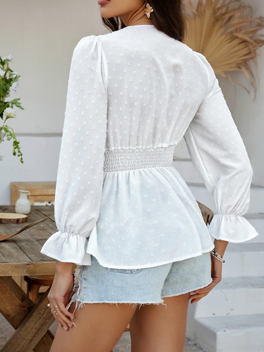 Kvinners Bluse Boho Skjorte Enfarget Stilfull Avslappet Langermet V-Hals Vanlige Topper Daglig Lappverk Utskjæring Sort Hvit Blå Aprikos Sommer Vår 2025 - $37.99 –P18