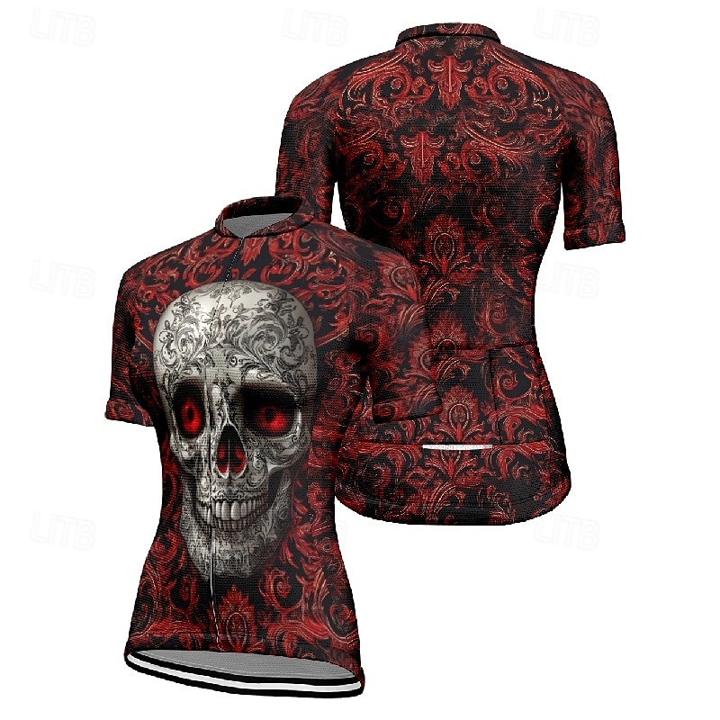 Women's Cycling Jersey Short Sleeve Bike Tee Tshirt Jersey with 3 Rear Pockets Mountain Bike MTB Breathable Quick Dry Anatomic Design Wicking Wine Red Black Red Skull Sports Clothing Apparel 2025 - $23.99 –P14