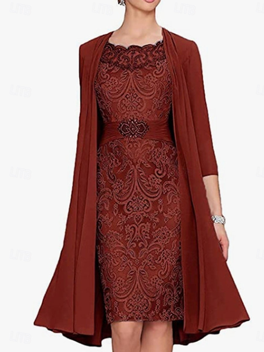 Dress SeMother of the Bride Dress Elegant Simple Crew Neck Knee Length Polyester Long Sleeve with Solid Color Graduation Dress 2025 2025 - $149.99 –P9