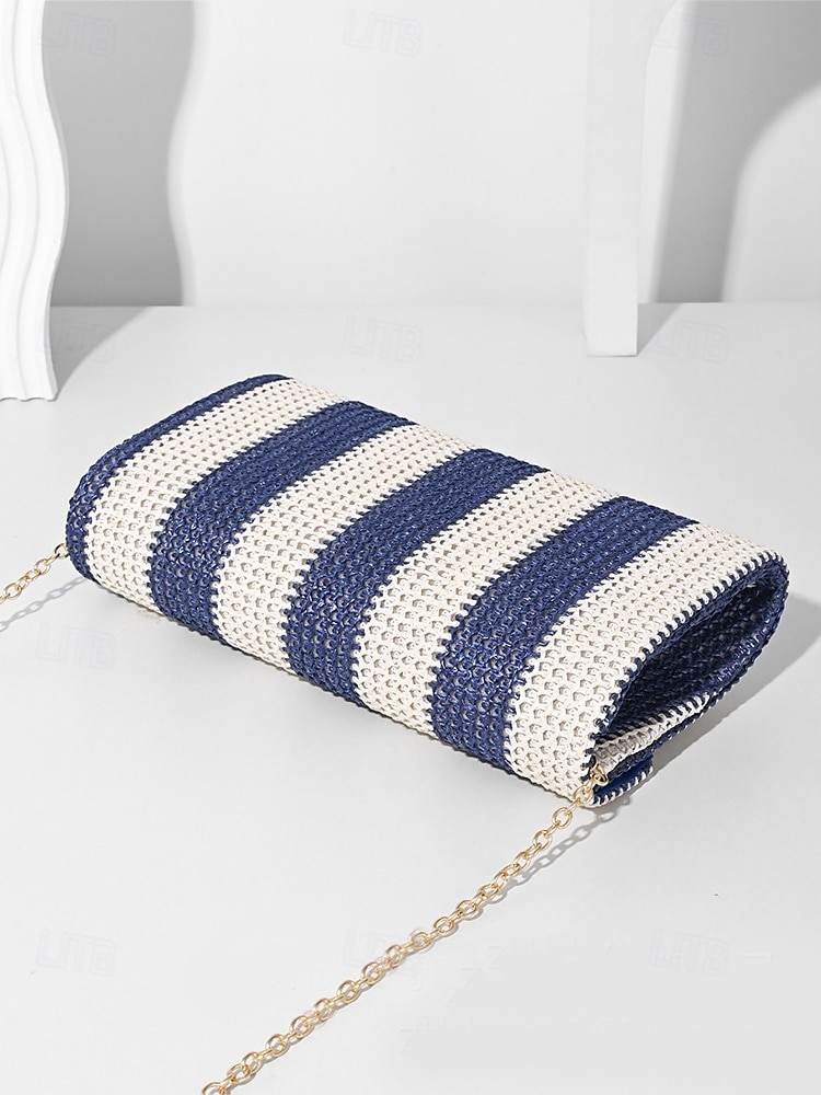 dames gestreepte geweven envelop clutch - met ketting, kan op één schouder of crossbody worden gedragen, modieus en veelzijdig, geschikt voor strandfeestjes en dagelijks gebruik zwart rood kaki 2025 - $19.99 –P6