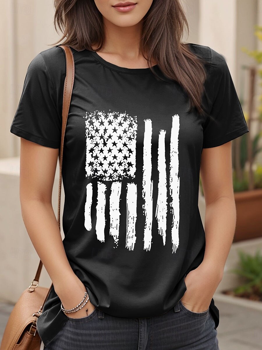 T-shirt patriotique pour femmes graphique avec drapeau décontracté à manches courtes col rond hauts réguliers imprimé quotidien noir vert blanc cassé été de 2025 ? $19.99 –P3