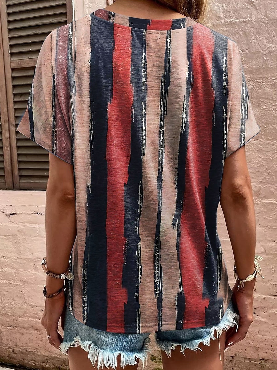 Pentru femei Tricou Grafic Dungi Casual Manșon scurt În V Topuri obișnuite Zilnic Imprimeu Roșu-aprins Mov Trifoi Vară 2025 - $24.99 –P4