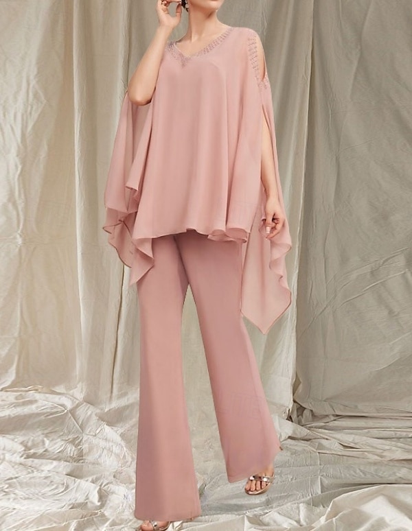 Macacão  Vestido de Calça Mãe da Noiva Vestido Convidada de Casamento Elegante Decote em V Comprimento do Chão Chiffon Manga Longa com Aplicações de 2025 por $147.99 –P5