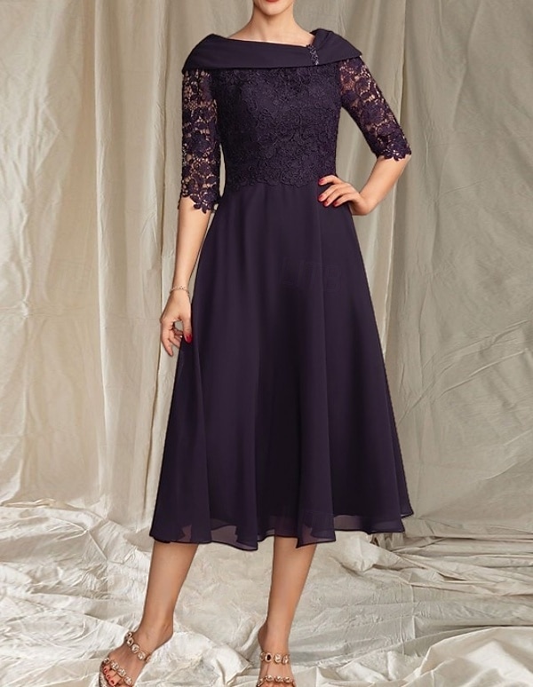 A-Lijn Moeder van de Bruid Jurk Bruiloft Gast Elegante Golvende Halsoverdekte Thee Lengte Chiffon Kanten Halve Mouw met Kanten Parelmoer Midi Jurk 2025 - $144.99 –P1