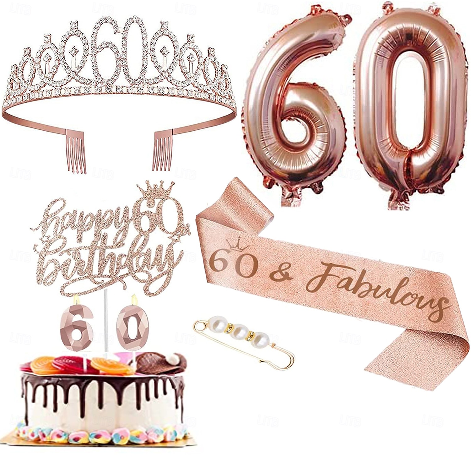 set deluxe da 6 pezzi per festa di compleanno in oro rosa - numeri di palloncini (10-80), tiara, fascia, candeline per torta, cake topper - per bambine & donne del 2025 a $13.99 –P8