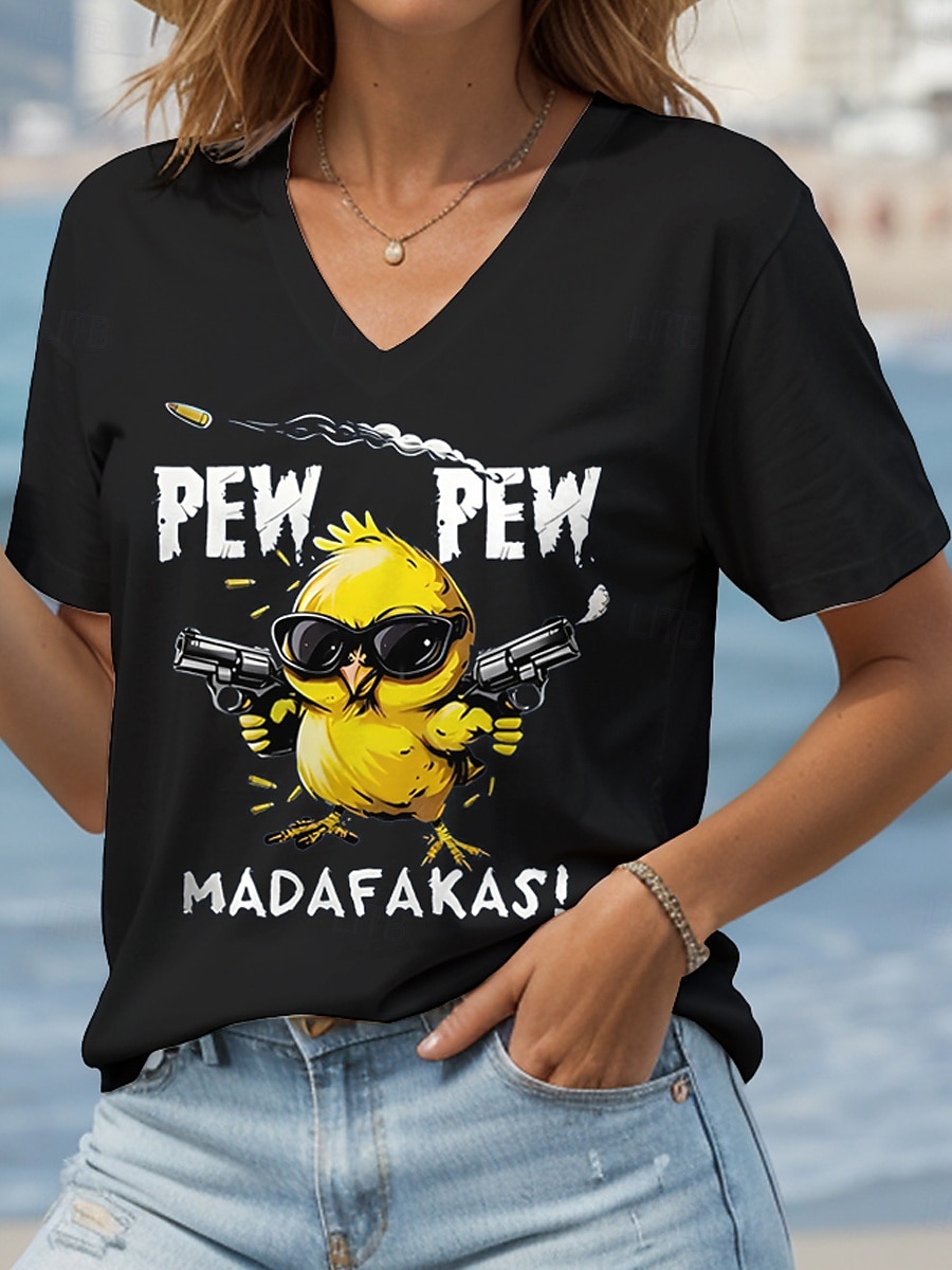Dame Bluse Grafisk Dyr Tegneserie Fritid Kortermet V-hals Vanlige topper Daglig Ut på byen Strand Klær Trykt mønster Svart Hvit Sommer 2025 - $24.99 –P3