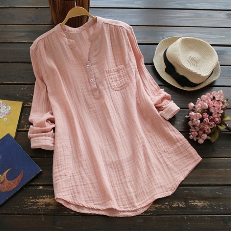 Per donna Camicia Camicie ispirate al lino Blusa Semplice Essenziale Moderno Manica Lunga Scollo a V Top Regolari Quotidiano Uscire Bottoni Tasca Bianco Rosa Blu marino Estate del 2025 a $21.99 –P4