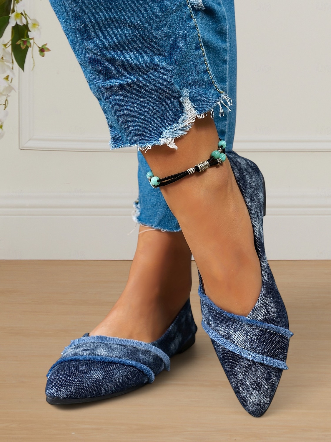 pantofi de damă din denim cu vârf ascuțit - pantofi slip-on cu franjuri uzați pentru ținute casual 2025 - $19.99 –P4