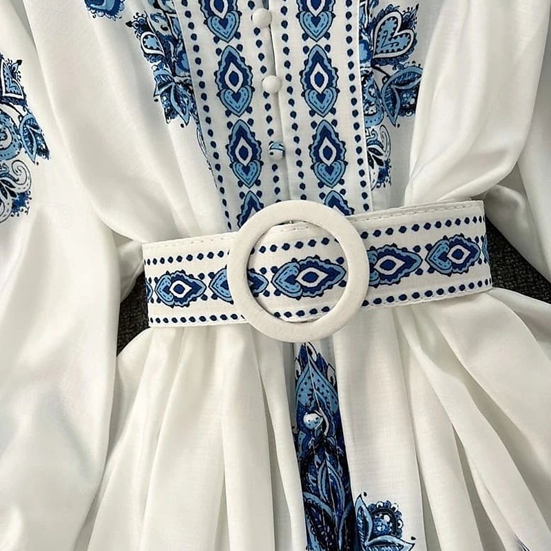 Dam Midiklänning Boho-klänning Klänning med tryck Mode Puffärmad Utomhus Helgdag Utekväll Normal Blomma Långärmad V-hals Blå Sommar 2025 - $26.99 –P6