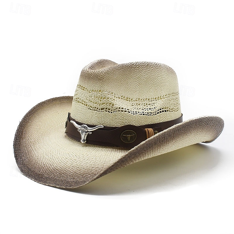 Men's Sun Hat Cowboy Hat Fedora Trilby Hat White Black / White Straw Rope Vintage Style Fashion 18th Century State of Texas Daily Theme Party Solid / Plain Color Sunscreen Cosplay 2025 - $27.99 –P7