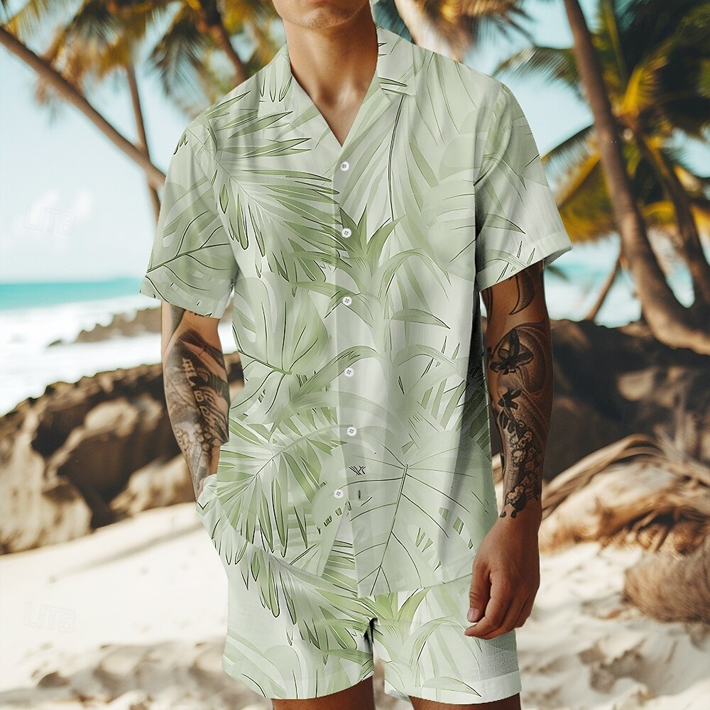 Herre Trær / blader 2stk Skjorter sett Hawaii skjorte Kortermet Korte bukser cubansk krage Ferie Avslappet Strandferie 3D-utskrift Sommer Grå Hvit Lysegrønn 2025 - $32.99 –P4