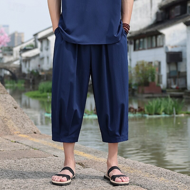 Men's Capri Pants Shorts Linen Shorts Summer Shorts Beach Shorts Drawstring Elastic Waist Baggy Plain Comfort Breathable Calf-Length Outdoor Casual Daily Fashion Retro Vintage Black White 2025 - $24.99 –P9