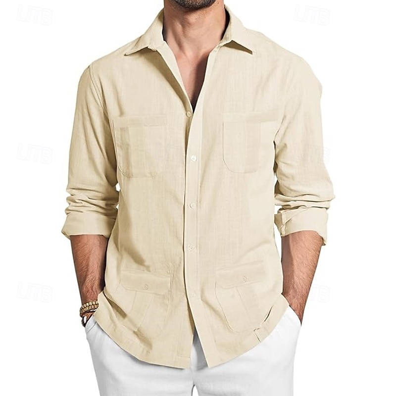 Per uomo Camicia camicia di lino Maglietta informale Camicia con bottoni Camicia di cotone Guaiabera Liscio Da mare Hawaiano Nero Bianco Verde Albicocca Manica lunga Bavero Primavera Autunno del 2025 a $29.99 –P8
