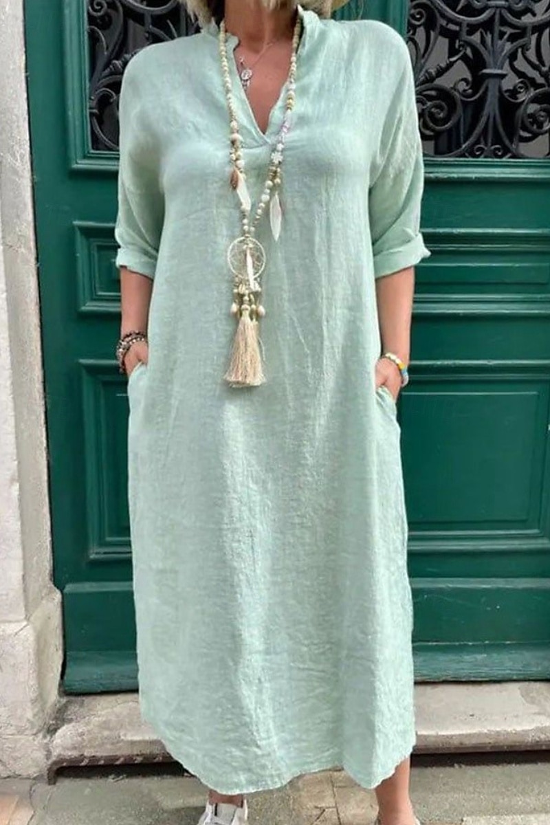 Damen Midikleid Leinen-inspirierte Kleider Baumwoll-Leinenkleid Basic Klassisch Modern Täglich Ferien Wochenende Normale Passform Einfach Langarm V Ausschnitt Rosa Grün Aprikose Leicht Blau Sommer 2025 - $32.99 –P3