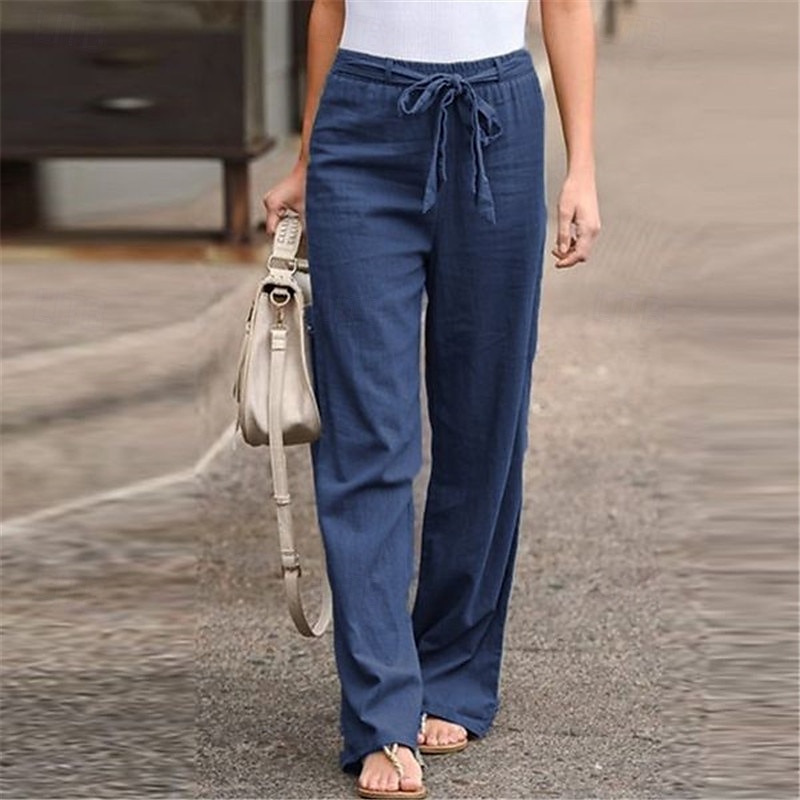 Femmes Pantalon en coton et lin Slacks Mode Streetwear Confort Longueur complète Taille haute Uni Conception à cordon élastique Confortable Rue Sortir Bleu œuf de mer Gris Noir Blanche Été Coupe de 2025 ? $21.99 –P5