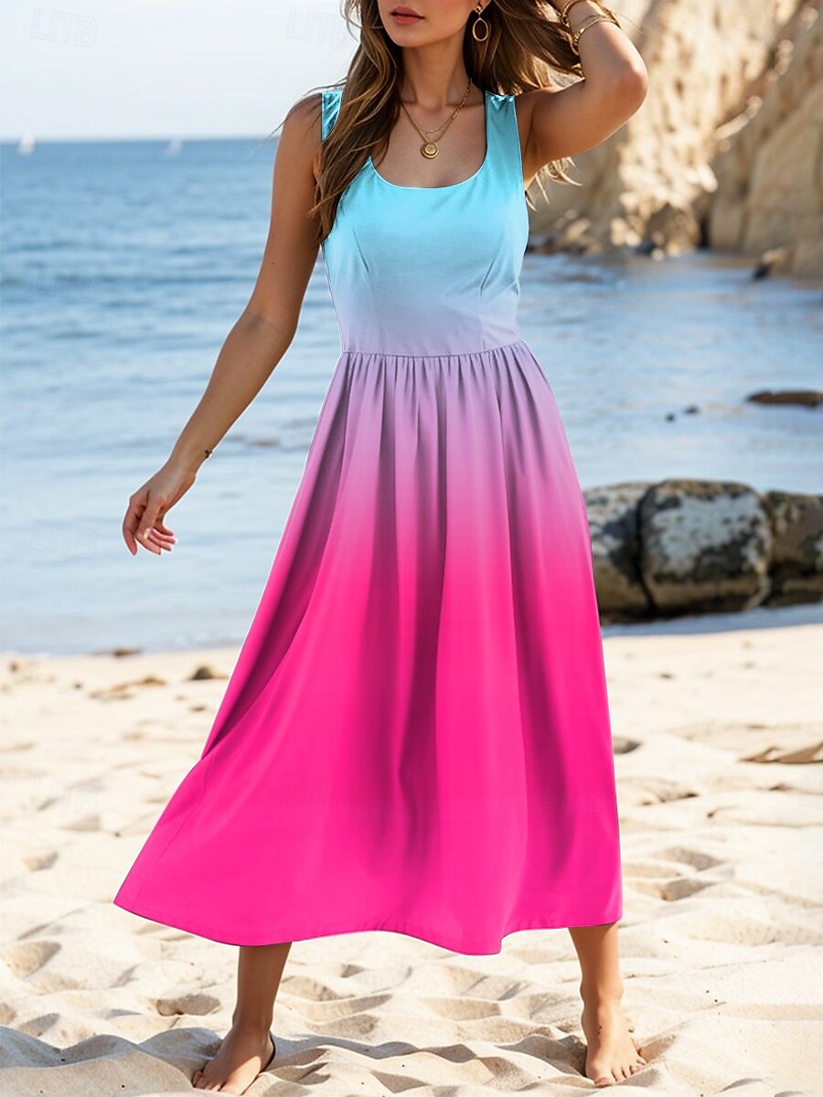 Damen Midikleid Sommerkleid Lässig Täglich Normale Passform Grafik Farbverläufe Ärmellos U-Ausschnitt Rote Sommer 2025 - $35.99 –P1