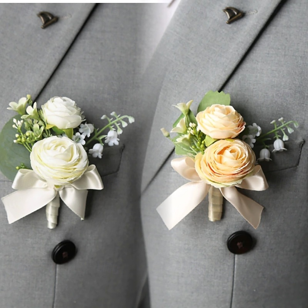 Heren Bruiloft Corsage Zomer Bruiloft Witte Champagne Corsage voor Bruidegom en Bruidsjonkers Bloemaccessoires Party Stukken Decoraties 2025 - $10.99 –P3