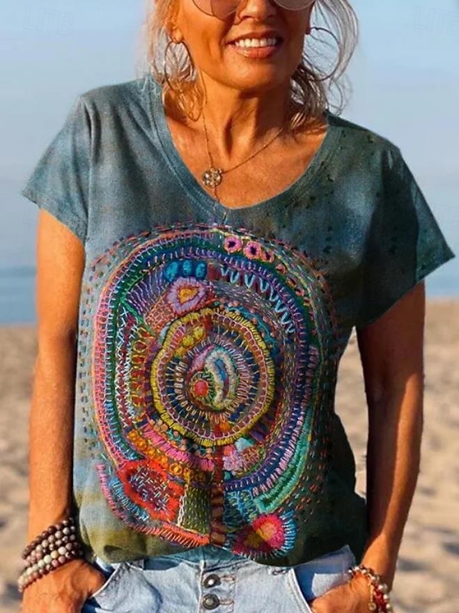 Pentru femei Tricou Geometric Stilat Casual Manșon scurt În V Topuri obișnuite Zilnic Imprimeu Albastru Prăfuit Vară 2025 - $19.99 –P1