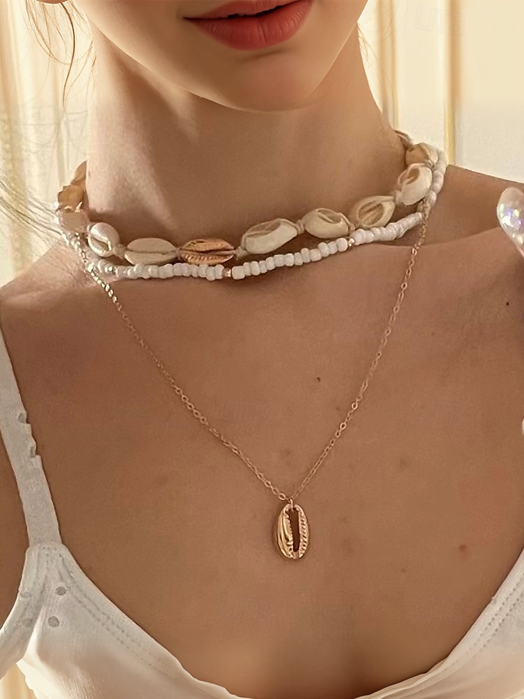 Women's Boho Cowrie Shell Necklace Set – Layered Beach Jewelry with Gold Accents, Handmade Summer Surf Choker for Vacation, Festivals & Casual Wear 2025 - $9.99 –P1