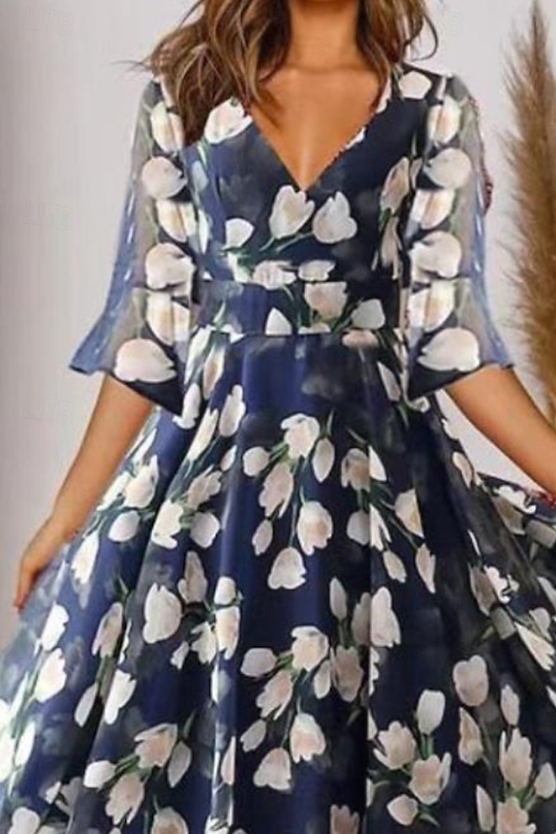 Dames Halflange jurk Swingjurk Jurk met print Modieus Buiten Uitgaan Weekend Normale pasvorm Bloem Halve mouw V-hals blauw Zomer 2025 - $21.99 –P2