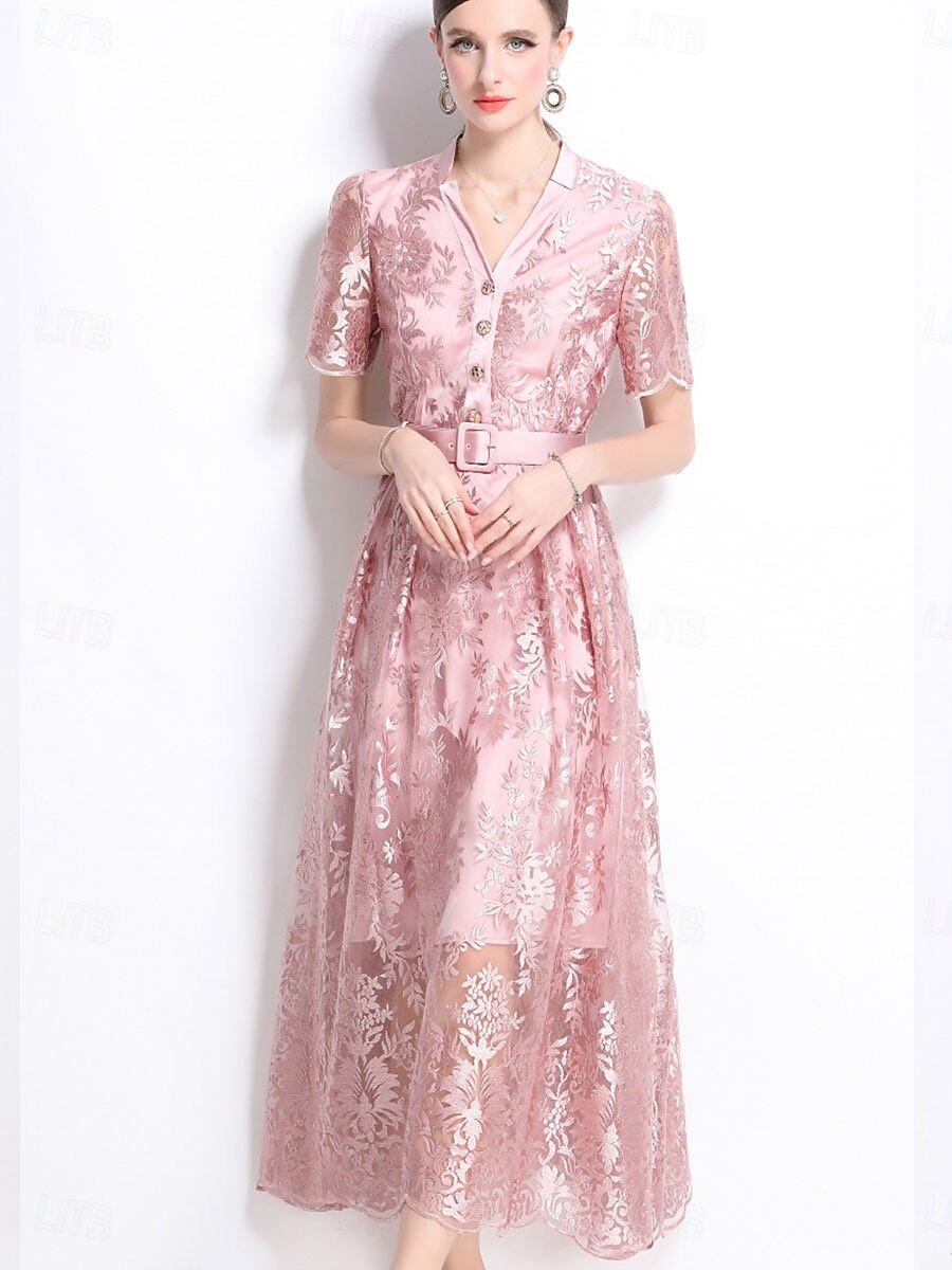A-Linie Quinceanera Kleider Elegantes Kleid Hochzeitsgäste Knöchellang Kurzarm V-Ausschnitt Polyester mit Stickerei 2025 - $89.99 –P4